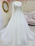 VLLUSISA High Neck Long Sleeve Islamic Arab Wedding Dresses A-line Lace Muslim Wedding Gowns