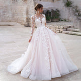 Illusion A Line Lace Appliqued Bridal Gowns Women O-neck Long Sleeve Wedding Dresses