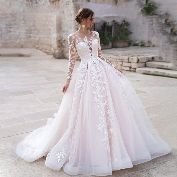 Illusion A Line Lace Appliqued Bridal Gowns Women O-neck Long Sleeve W VLLUSISA Illusion A Line Lace Appliqued Bridal Gowns Women O-neck Long Sleeve W VLLUSISA