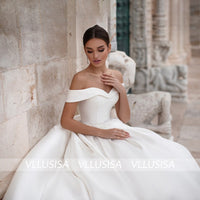 Fashion Off-shoulder Backless Satin Bridal Gown A-line Lace Up Wedding Dress With Crystal Sash