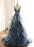 VLLUSISA Spaghetti Strap Backless Evening Gown Ruffled Dusty Blue Ball Gown Evening Dress