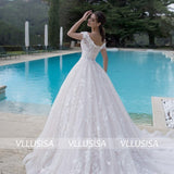 VLLUSISA A-Line Off Shoulder Bridal Gowns Beading Lace Flower Cathedral Wedding Dresses