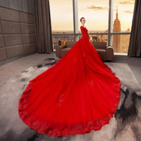 Delicate Long Sleeve Red Lace Petal Bridal Gown Sequined Ball Gown Wedding Dress