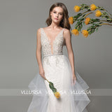 Sexy Deep V-neck Backless Bridal Gown Sheath Beading Lace Wedding Dress With Detachable Tail