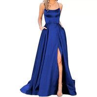 Custom Made A Line Spaghetti Strap Satin Party Gowns Simple Slit Sweep Train Prom Dresses