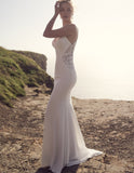 VLLUSISA Spaghetti Strap V-neck Backless Wedding Dresses Sheath Soft Satin Wedding Gowns