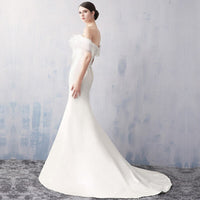 Simple Ruffled Sheath Wedding Dresses Custom Made Off Shoulder Satin Bridal Gowns