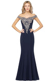 Fashion Boat Neck Backless Evening Dresses Women Sheath Lace Appliqued Evening Gowns