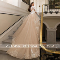 Sexy Deep V-neck Long Sleeve Beading Lace Bridal Gown Illusion Cut-out Ball Gown Princess Wedding Dress