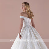 Elegant A-line V-neck Off-shoulder Bridal Gowns Lace Up Beading Lace Wedding Dresses