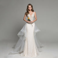 Sexy Deep V-neck Backless Bridal Gown Sheath Beading Lace Wedding Dress With Detachable Tail