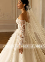 Fascinating Strapless Beading Lace Bridal Gown A-line Lantern Sleeve Wedding Dress With Chapel Train