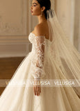 Fascinating Strapless Beading Lace Bridal Gown A-line Lantern Sleeve Wedding Dress With Chapel Train