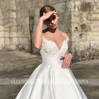 VLLUSISA A Line Beading Lace Bridal Gown Boat Neck Off Shoulder Satin Wedding Dress