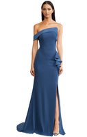 Latest Design Ruffled One Shoulder Evening Gowns Slit Backless Satin Evening Dresses