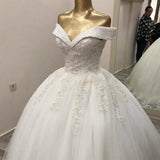 Fashion Handmade Off-shoulder Bridal Gown Beading Lace Ball Gown Wedding Dress