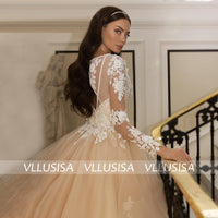 Sexy Deep V-neck Long Sleeve Beading Lace Bridal Gown Illusion Cut-out Ball Gown Princess Wedding Dress