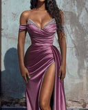 VLLUSISA Pleat Strapless Off-shoulder Satin Party Gowns Beading Slit Backless Prom Dresses