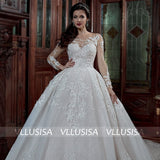 Fashion Backless Long Sleeve Bridal Gowns Beading Lace Ball Gown Wedding Dresses