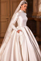 High Neck Long Sleeve Islamic Arab Wedding Dresses Top Quality Satin Muslim Wedding Gowns