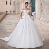 Fashion Off-shoulder Backless Satin Bridal Gown A-line Lace Up Wedding Dress With Crystal Sash