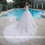 VLLUSISA A-Line Off Shoulder Bridal Gowns Beading Lace Flower Cathedral Wedding Dresses