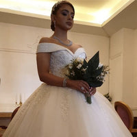 Fashion Handmade Off-shoulder Bridal Gown Beading Lace Ball Gown Wedding Dress