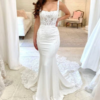 Elegant Spaghetti Strap Lace Satin Wedding Dresses Sheath Bridal Gowns With Chapel Train