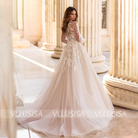 VLLUSISA Boho Puff Long Sleeve Bridal Gowns Illusion A-Line Beading Lace Wedding Dresses