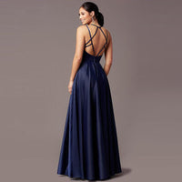 Sexy A-Line Spaghetti Strap Backless Evening Dresses Slit Satin Formal Evening Gowns