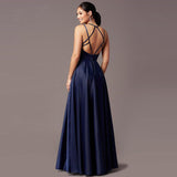 Sexy A-Line Spaghetti Strap Backless Evening Dresses Slit Satin Formal Evening Gowns