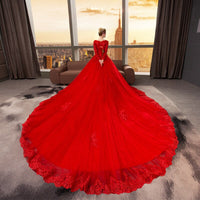 Delicate Long Sleeve Red Lace Petal Bridal Gown Sequined Ball Gown Wedding Dress