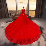 Delicate Long Sleeve Red Lace Petal Bridal Gown Sequined Ball Gown Wedding Dress