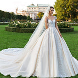 VLLUSISA Illusion Cap Sleeve Bridal Gown Beading Lace Satin Cathedral Princess Wedding Dress