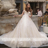 VLLUSISA Champagne Lace Appliqued Bridal Gown Sexy Off Shoulder Ball Gown Wedding Dress