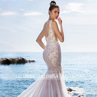 Sexy Deep V-neck Backless Bridal Gowns Mermaid Champagne Sequined Lace Wedding Dresses