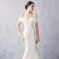 Simple Ruffled Sheath Wedding Dresses Custom Made Off Shoulder Satin Bridal Gowns