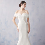 Simple Ruffled Sheath Wedding Dresses Custom Made Off Shoulder Satin Bridal Gowns