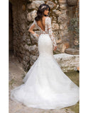 Elegant Long Sleeve Backless Mermaid Wedding Dresses Custom Made Women Lace Bridal Gowns