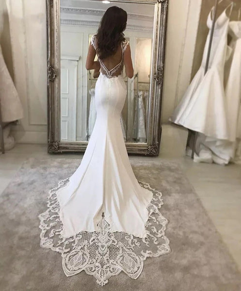 Charming Deep V-neck Backless Wedding Dresses Simple Mermaid Satin Wedding Gowns White / 6 / CN, 50cm Charming Deep V-neck Backless Wedding Dresses Simple Mermaid Satin Wedding Gowns White / 6 / CN, 50cm