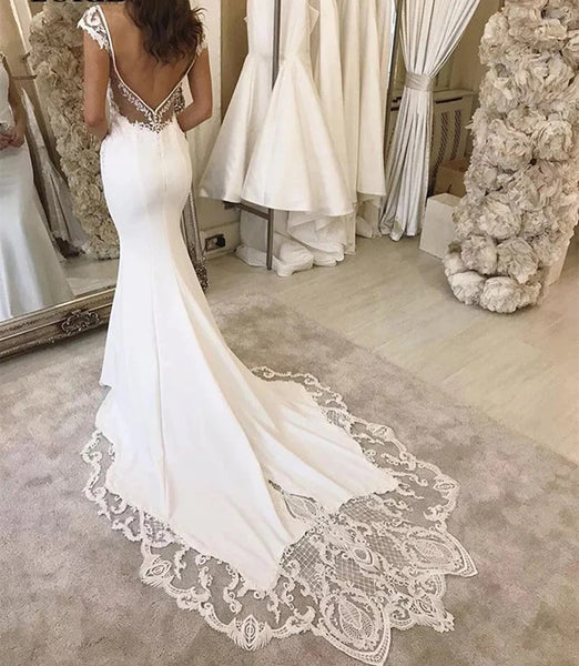 deep v backless wedding dress A-Line V-neck Backless Bohemian Wedding Dress with Appliques WD394 US6 / Ivory
