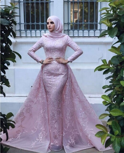 Custom Made Long Sleeve Mermaid Muslim Wedding Dresses Bridal Gowns With Veil CN / 8 / Pink Custom Made Long Sleeve Mermaid Muslim Wedding Dresses Bridal Gowns With Veil CN / 8 / Pink