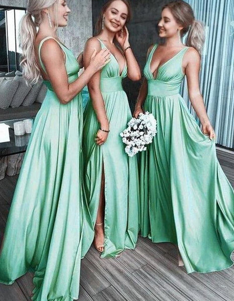 Sexy Slit Deep V-Neck Bridesmaid Dresses Custom Made Ladies Long Satin VLLUSISA Sexy Slit Deep V-Neck Bridesmaid Dresses Custom Made Ladies Long Satin VLLUSISA