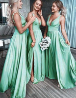 Sexy Slit Deep V-Neck Bridesmaid Dresses Custom Made Ladies Long Satin Prom Party Gowns