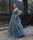 Fashion Strapless Puff Sleeve Ball Gown Evening Dress Dusty Blue Ruffled Evening Gown