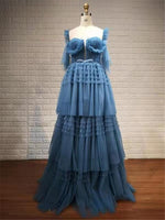 Fashion Strapless Puff Sleeve Ball Gown Evening Dress Dusty Blue Ruffled Evening Gown