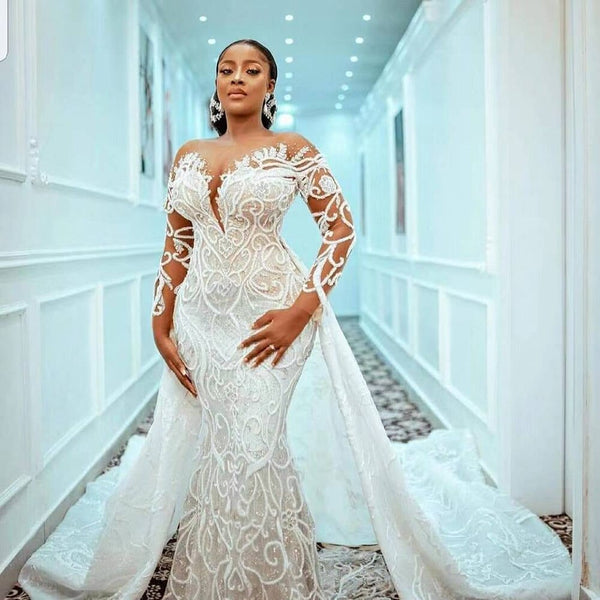 Fashion Beading Wedding Dresses Long Sleeve Sheath Bridal Gowns With D – VLLUSISA Fashion Beading Wedding Dresses Long Sleeve Sheath Bridal Gowns With D – VLLUSISA