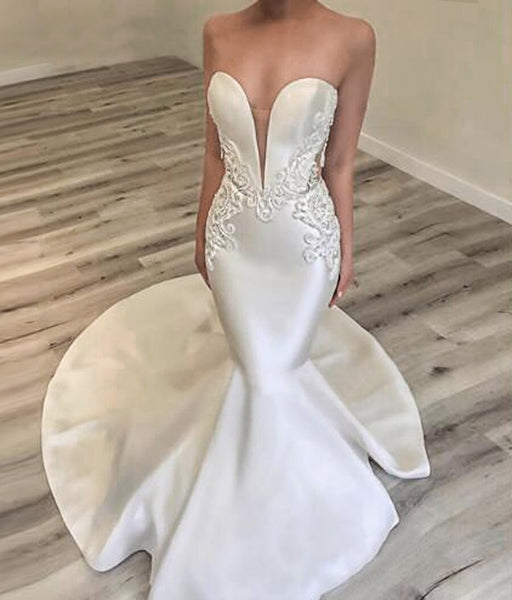 Vestidos de novia de sirena sin espalda con escote en V profundo sin tirantes Vestidos de novia de satén de trompeta simple