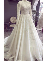 VLLUSISA Exquisite Satin Muslim Wedding Dresses High Neck Long Sleeves Arabic Bridal Gowns