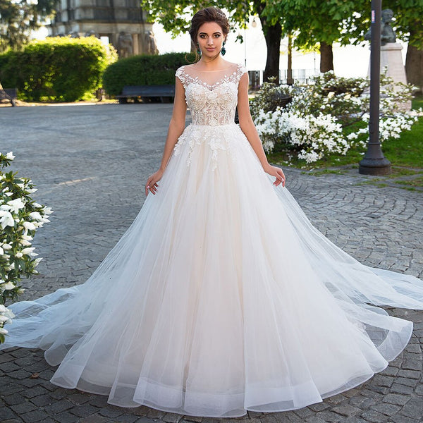 Illusion A-line O-neck Cap Sleeve Wedding Dress Champagne Lace Appliqu VLLUSISA Illusion A-line O-neck Cap Sleeve Wedding Dress Champagne Lace Appliqu VLLUSISA